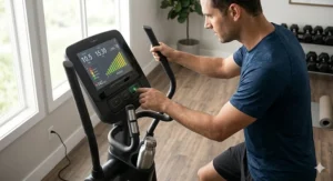 A person pressing a button on the handlebars to change the electronic resistance during a workout session.