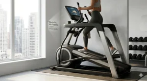 A space-saving elliptical with a 15 level incline capability positioned in a modern apartment corner.