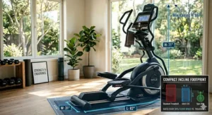 Scaled illustration of a motorized incline elliptical showing its footprint in a standard room.