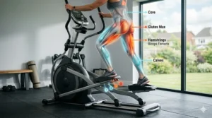 A compact manual ramp elliptical positioned in a small apartment corner to demonstrate space efficiency.