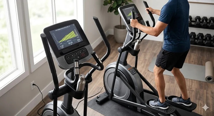 A high-end elliptical trainer featuring an electronic resistance control system on a glowing digital console in a bright home gym. electronic resistance elliptical