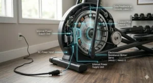 Illustration showing the power cord and motor connection required for an elliptical with electronic resistance features.