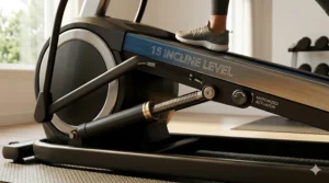 Close-up of a motor-driven elliptical ramp showing the mechanical lift system adjusted to its maximum 15 percent grade.