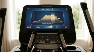 High-detail view of a backlit elliptical console screen showing a digital slider set to incline level 15.