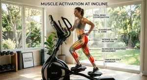 Diagram showing how a motorized incline elliptical machine targets glutes, hamstrings, and calves.