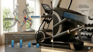 A technical diagram illustrating how a 15 incline level elliptical targets glutes and hamstrings more effectively than a flat stride.