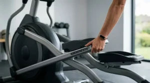 Close-up of the manual ramp adjustment lever on the front stabilizer of an elliptical machine.