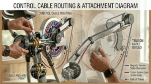 Close-up illustration of the steel tension cable hooked into the resistance knob housing.