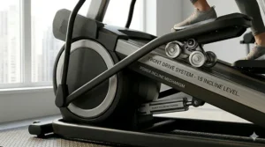 Detailed view of the heavy-duty steel rails and rollers on a front-drive 15 incline level elliptical.