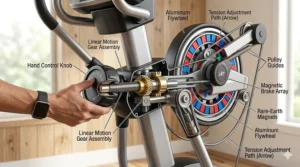 Internal diagram showing how the tension knob connects to the magnetic brake on an elliptical machine.