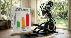 Comparative chart illustrating higher calorie burn on an elliptical with motorized incline settings.