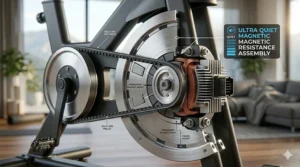 Internal view of the belt drive and magnets that power an ultra quiet magnetic resistance exercise machine.