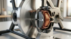 Detailed illustration of a flywheel with an adjustable magnetic resistance system for silent operation.