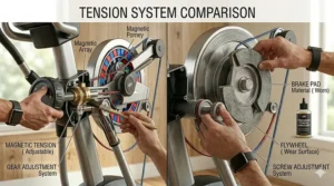 Comparison chart between a magnetic tension knob and a friction-based resistance system.