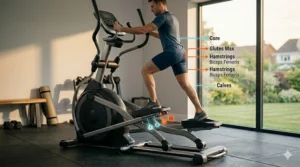 Digital console of a manual ramp elliptical showing workout metrics like distance, heart rate, and calories burned.