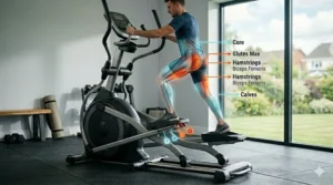 Detailed view of the rear-drive flywheel system on an elliptical with a manual incline ramp.