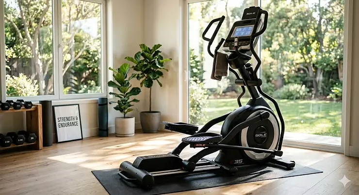 A professional motorized incline elliptical machine in a home gym setting with the console illuminated.