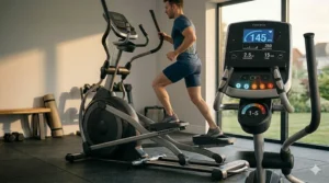 Person tilting a manual ramp elliptical onto its transport wheels for easy storage.