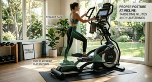Illustration of a person maintaining correct form while using the motorized incline feature.