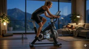 A person working out at night using ultra quiet magnetic resistance to avoid disturbing others in the house.