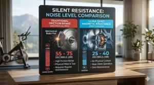 Infographic comparing the decibel levels of ultra quiet magnetic resistance against traditional friction pads.