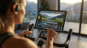Digital display showing auto-adjusting ultra quiet magnetic resistance levels during a virtual workout class.