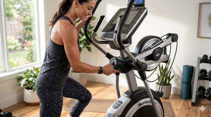 A close-up of a person turning the tension knob on an elliptical machine to increase workout resistance. tension knob elliptical machine