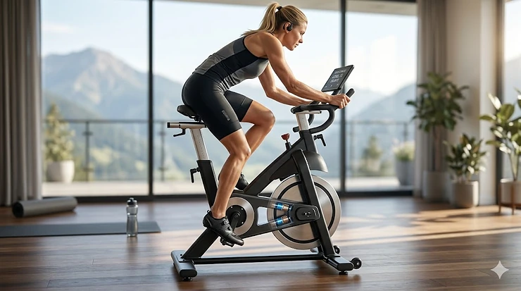 A person cycling on a stationary bike featuring ultra quiet magnetic resistance in a minimalist home gym.