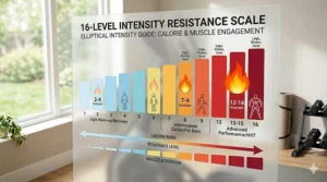 An infographic showing the progression from low to high intensity on a 16-level elliptical.