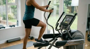 Illustration of a 7 inch display elliptical machine syncing data via Bluetooth to a smartphone fitness app.
