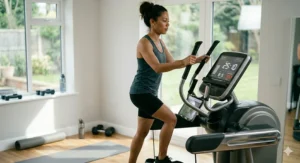 Sizing diagram highlighting the frame dimensions and compact footprint of a 7 inch display elliptical machine.