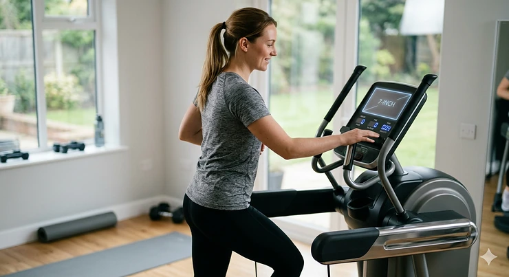 Full view of a modern 7 inch display elliptical machine set up in a bright home gym environment.