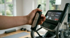 Close-up of the handlebar pulse grips on a 7 inch display elliptical machine tracking target heart rate.
