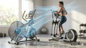 Illustration demonstrating how the fan resistance system generates a cooling breeze for the user during high-intensity workouts.