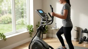 A user performing a light warm-up on the lowest settings of a 16-level resistance elliptical.