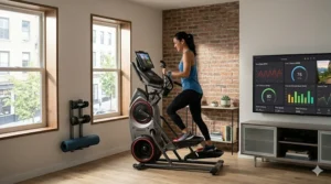 A detailed 4K photograph captures a user on the compact, fitness-app-compatible Bowflex elliptical within a space-efficient urban apartment living room. The large TV screen in the background is a multi-screen hub displaying the live, complex data dashboards and the scenic trail views from image_2.png and image_4.png. Natural light from a multi-panel city window illuminates the clean, integrated home gym setup.