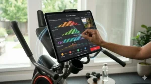 A photorealistic 4K close-up captures a user's hand interacting with a mounted tablet on the Bowflex elliptical machine from image_0.png in a home gym. The tablet displays a comprehensive fitness app interface where the user is using pinch-and-drag gestures to customize an interval resistance and cadence graph for a custom high-intensity interval training (HIIT) program. Natural daylight illuminates the detailed interaction and the machine's textured frame. Background elements like the water bottle and plant are softly blurred.