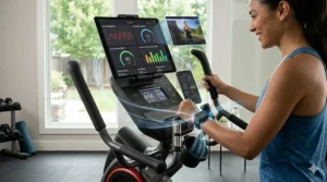A highly detailed 4K photograph showing the user from image_0.png in mid-stride on the elliptical machine, with the main tablet displaying a complex live fitness app dashboard with interactive data visualizations (heart rate graphs, cadence gauges, pace, and calories burned charts). Data stream lines are visualized connecting the user, elliptical sensors, and the screens, all lit by natural light.