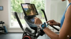 A detailed 4K close-up photograph focuses on the user's wrist (implied from image_4.png), showing a modern smartwatch actively displaying a connection message to the elliptical console from image_0.png via Bluetooth. The elliptical's hand-grip, with its textured rubber and metallic accents, is visible, set against the naturally lit home gym background from image_0.png. Soft data visual stream lines are visualized linking the watch to the machine.