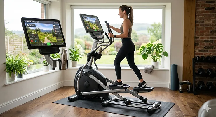 A modern large display elliptical machine featuring a vibrant touchscreen console in a bright home gym setting.
