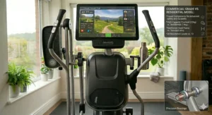 A side-by-side comparison illustrating a heavy-duty commercial grade large display elliptical vs a standard residential model.