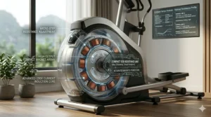 A space-saving elliptical design utilizing a compact ECB resistance unit for small apartments.