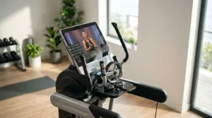 An illustration demonstrating a space-saving internet connected elliptical neatly placed in a small apartment living room setup.