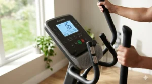 Close-up of an elliptical LCD monitor showing the 16-level resistance adjustment interface.