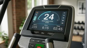 Digital display of an elliptical console highlighting the 24 resistance level adjustment settings.