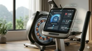 Close-up of an elliptical console displaying adjustable ECB resistance levels for customized workout intensity.