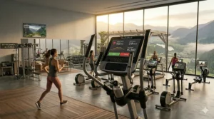 Real-time heart rate tracking, calories burned, and distance charts displayed clearly on a high definition fitness screen elliptical