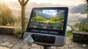 Close-up view of a vibrant high definition screen on an elliptical trainer showing interactive workout metrics and navigation menus