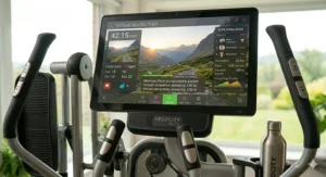 An illustration of a user experiencing a virtual trail workout on a large display elliptical machine.