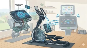 A tablet mounted on a Bluetooth 5.0 elliptical trainer syncing workout data with a fitness app.
